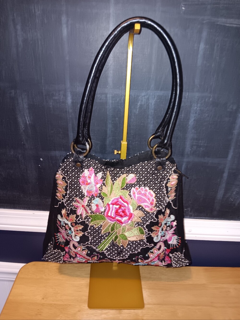 Christiana Floral Embroidered Black Tote Bag